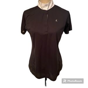 HORZE TOP SHORT SLEEVE SHEER UNDER ARM BLUE WHITE COLLAR EQUESTRIAN SIZE 8